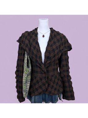 brown black plaid avante guard lagenlook textured blazer jacket